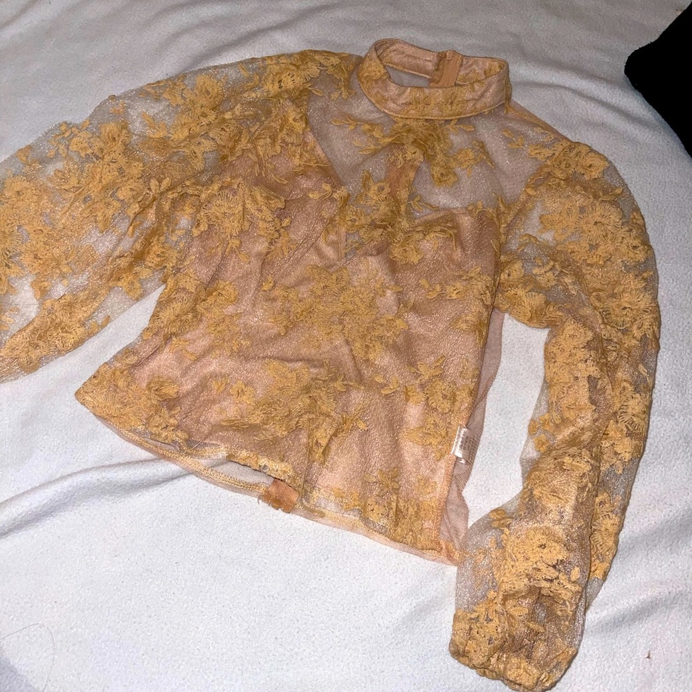 Light pink flowered sheer embroidered long sleeve top